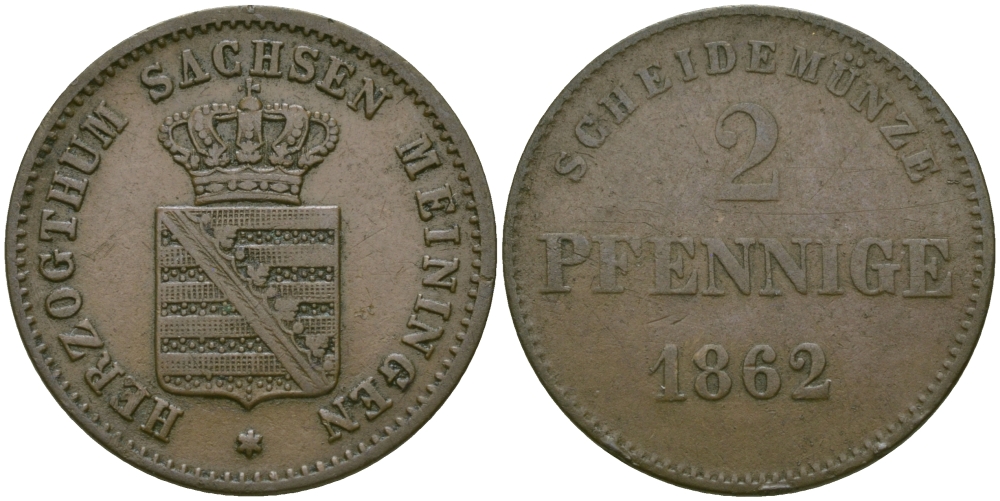 Саксен-Мейнинген 2 пфеннига 1862 Бернгард II (1803-1866) KM 171, Jaeger 448, AKS 215 медь 99-636
