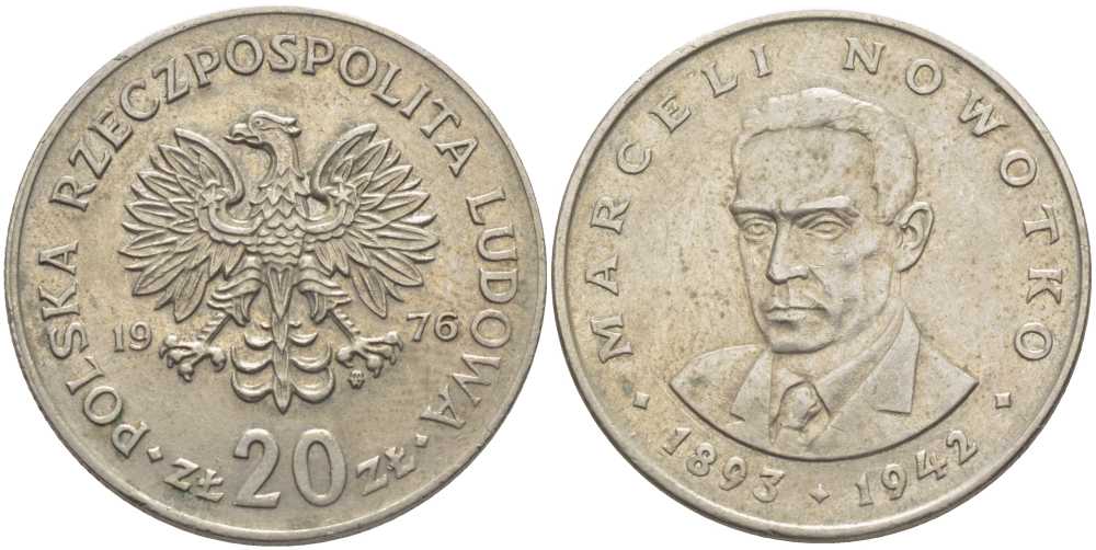 Польша 20 злотых 1976 MW, Марцелий Новотко KM 69, Parchimowicz 246c медно-никель 115-526