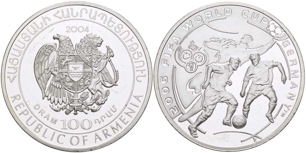 Армения 100 драм 2004 чемпионат мира по футболу в Германии 2006, тираж 300 экземпляров KM 111 серебро PROOF 02-109-33