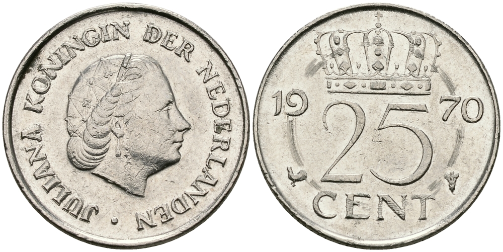 НИДЕРЛАНДЫ 25 ЦЕНТОВ 1970 ЮЛИАНА KM 183 никель 96-222
