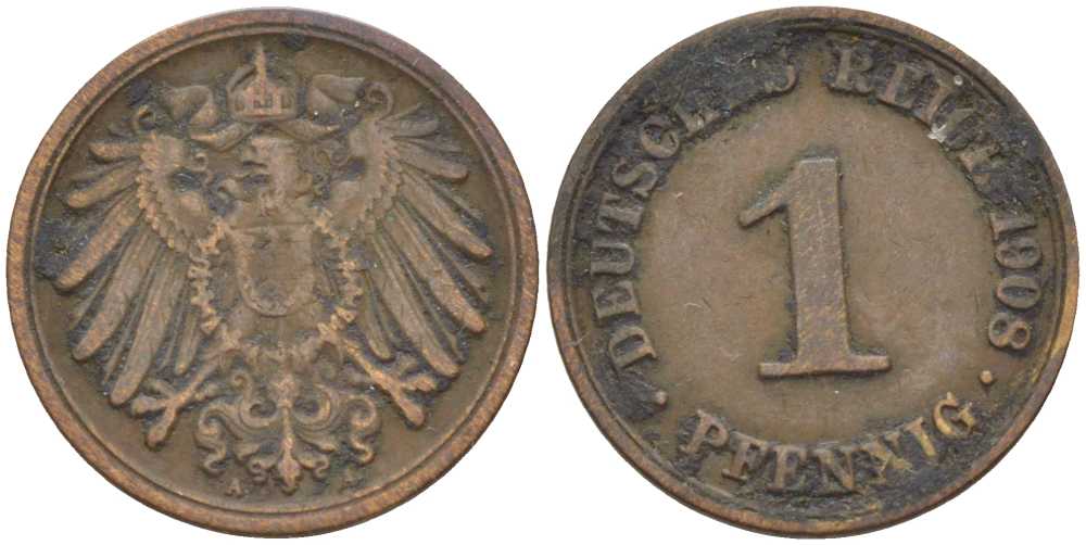 ГЕРМАНИЯ 1 ПФЕННИНГ 1908 А KM 10, J. 10 медь 201-927