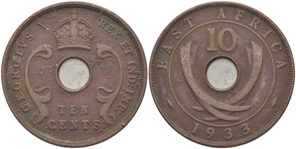 Британская Восточная Африка 10 центов 1933 Георг V (1910-1936) KM 19 бронза 97-1132