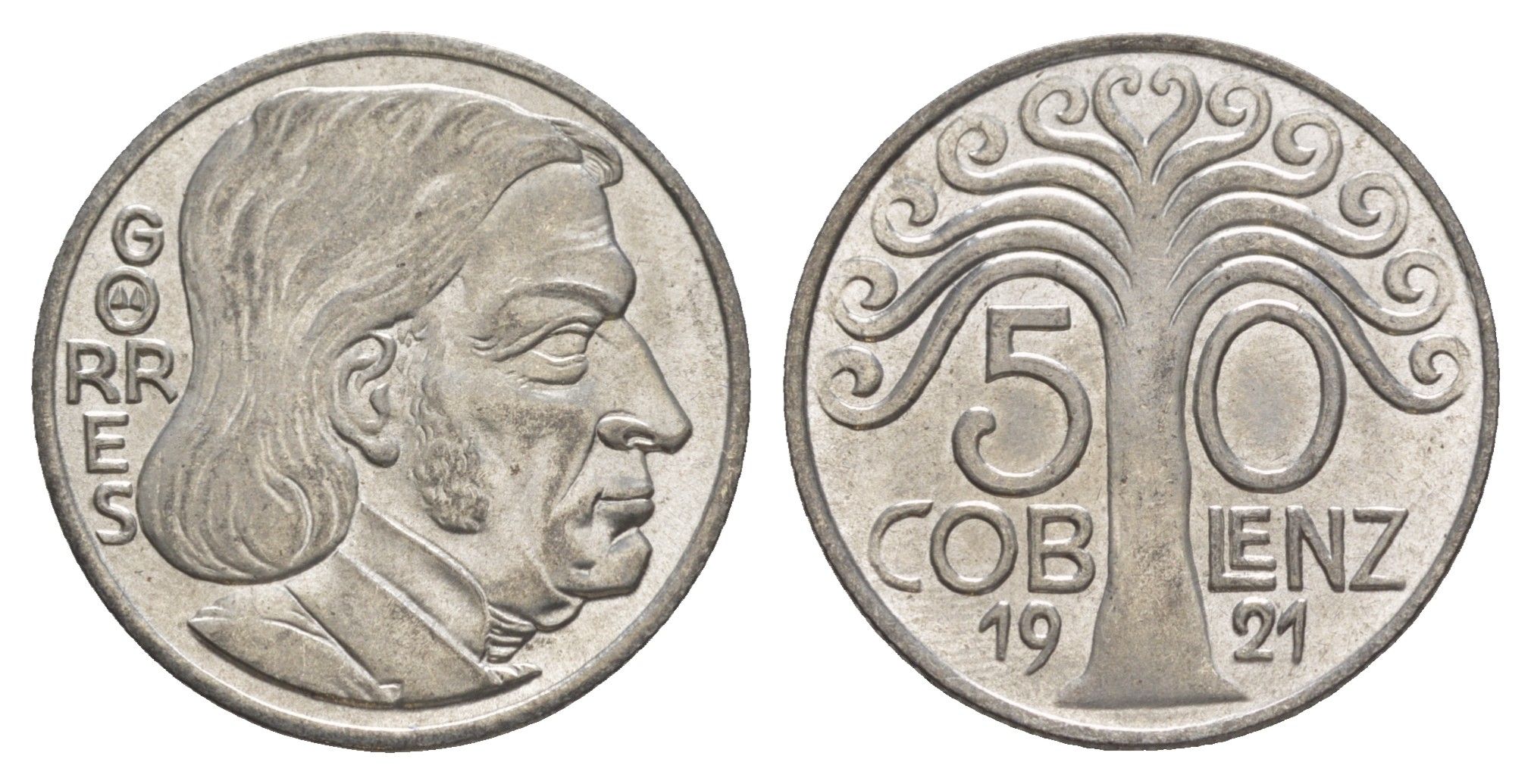 Кобленц 50 пфеннигов 1921 Funck 80.11A, Men05 4526.15, Men18 5727.15 железо UNC 1528-242