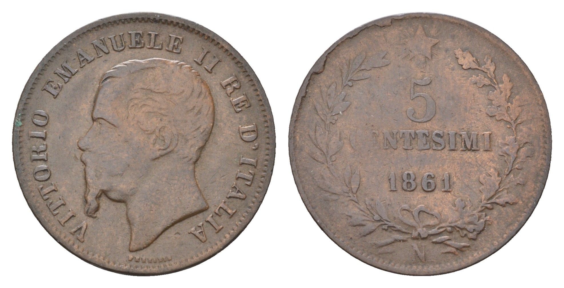 Италия 5 чентезимо 1861 N, Виктор Эммануил II (1861-1878) KM 3.3 медь 27-752