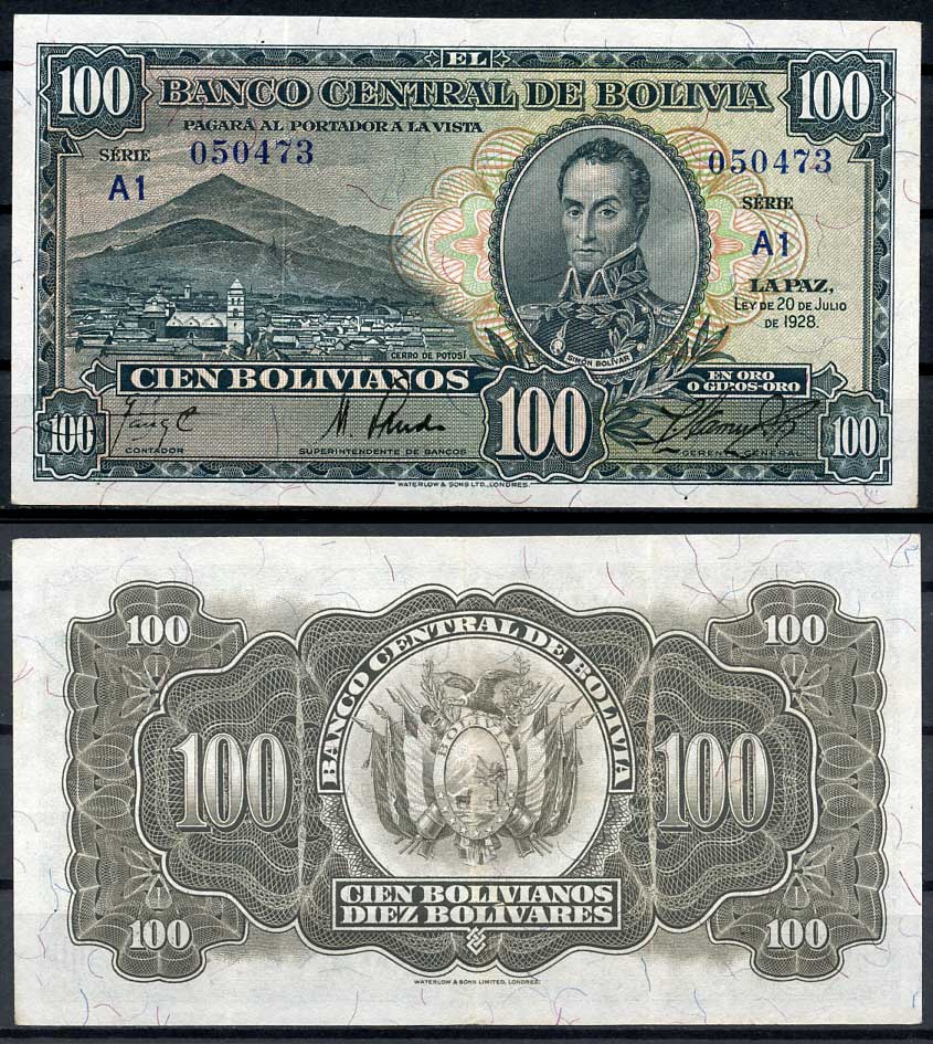 Боливия 100 боливиано 1928 серия A1, Симон Боливар Pick 133 (7)  бумага 000-00-00