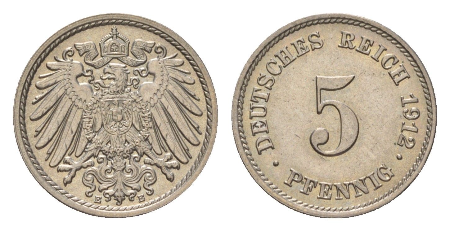 Германия 5 пфеннигов 1912 E, Вильгельм II (1888-1918) KM 11, J. 12 медно-никель UNC 4625-1026