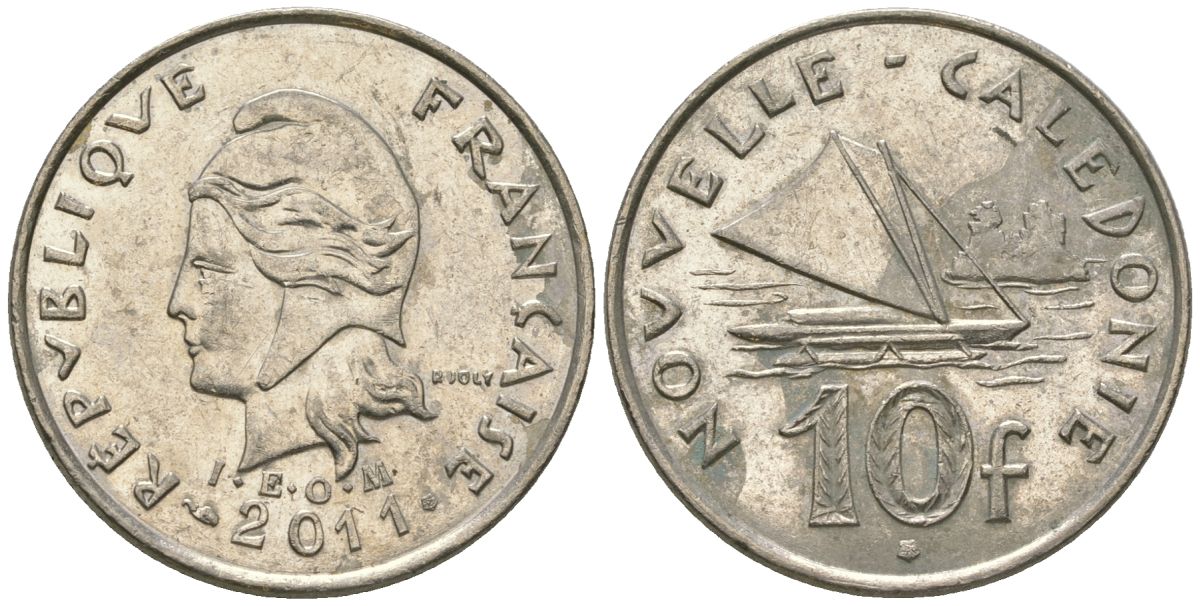 Французская Новая Каледония 10 франков 2011 рыбачья парусная лодка, (IEOM) KM 11a, Schoen 13a, Lec 99k медно-никель 65-115
