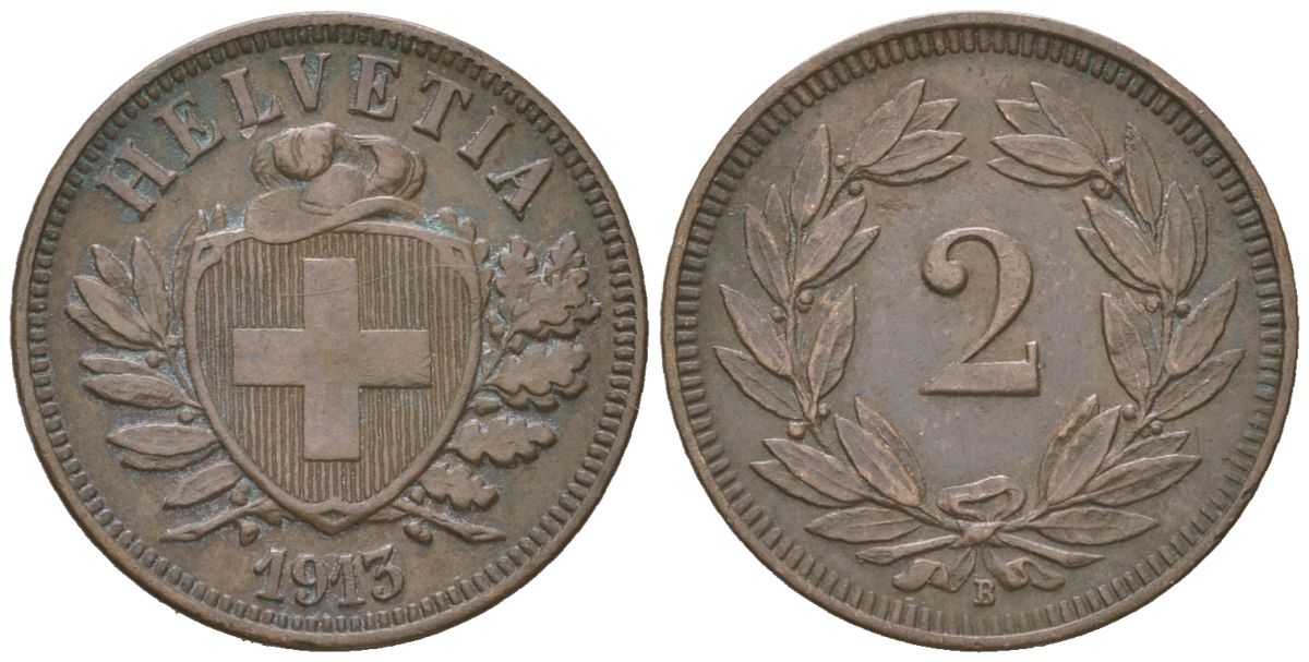 Швейцария 2 раппена 1913 B KM 4 бронза 4189-242