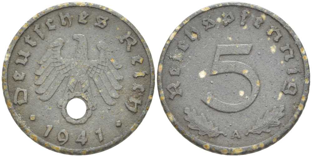 ГЕРМАНИЯ 5 РЕЙХСПФЕННИГОВ 1941 A KM 100, J. 370  цинк 211-614