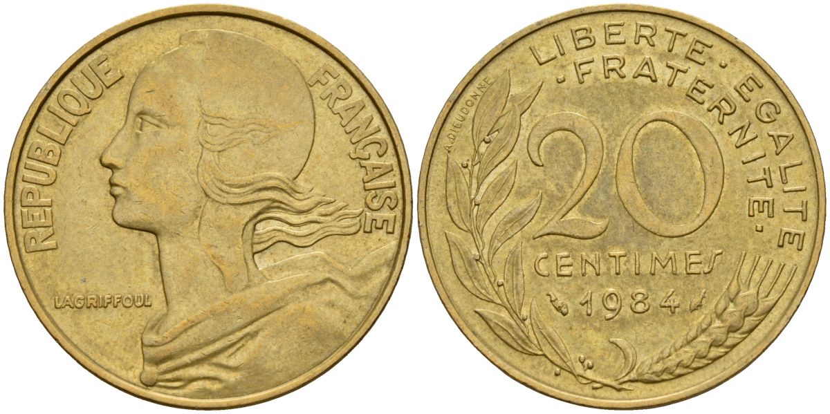 Франция 20 сантимов 1984 тип Marianne KM 930, Le Franс 156.24 медь алюминий никель 4126-635