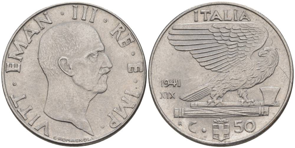 ИТАЛИЯ 50 ЧЕНТЕЗИМО 1941 R, ГОД XIX, ВИКТОР ЭММАНУИЛ III (1900-1946) KM 76b, VEM3. 1063 нержавеющая сталь 3853-414