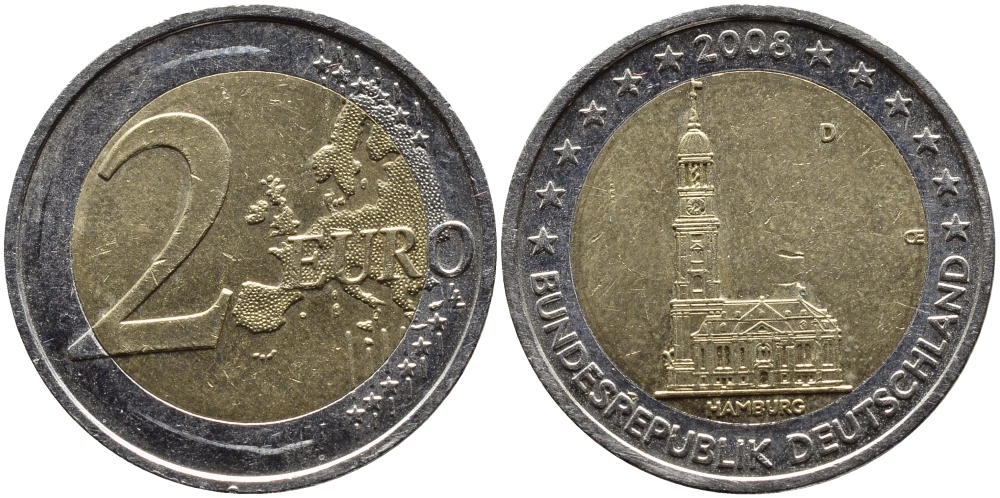 ФРГ 2 евро 2008 D, серия федеральные земли, церковь Св. Михаила в Гамбурге KM 261 биметалл 4390-1057