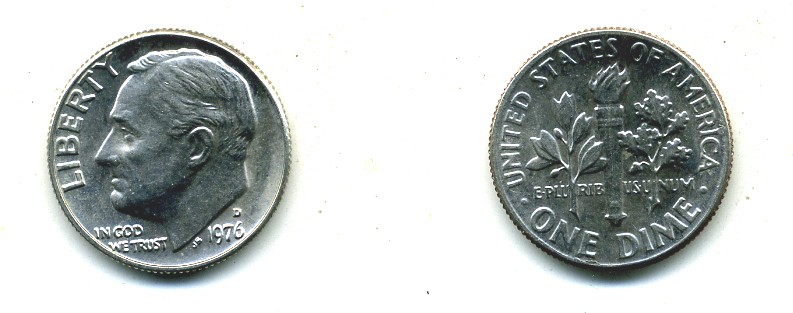 США 10 ЦЕНТОВ = 1 ДАЙМ 1976 D, РУЗВЕЛЬТ KM 195а медь плакированная медно-никелем 54-346