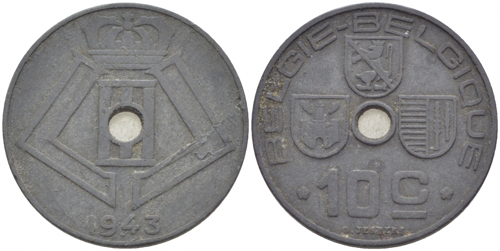 БЕЛЬГИЯ 10 САНТИМОВ 1943 BELGIE-BELGIQUE KM 126 цинк 4529-311