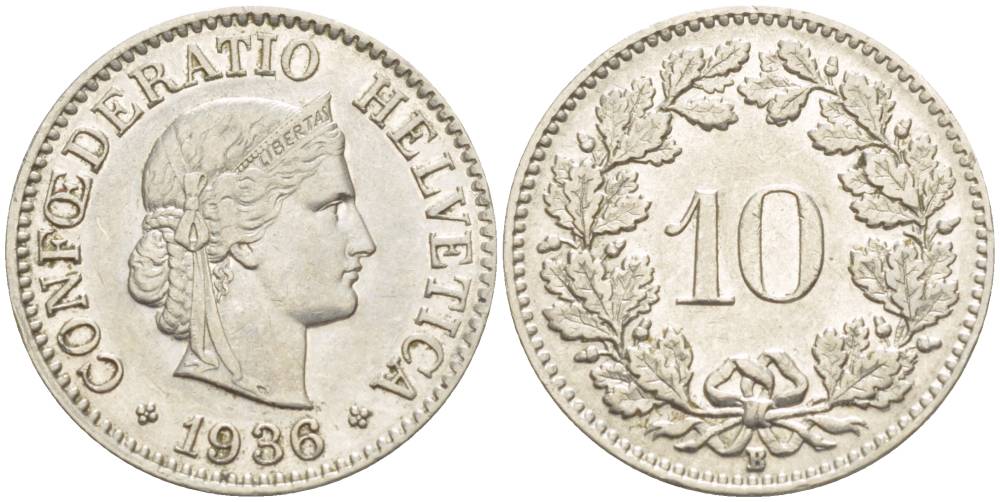 ШВЕЙЦАРИЯ 10 РАППЕНОВ 1936 В KM 27 медно-никель 216-1226