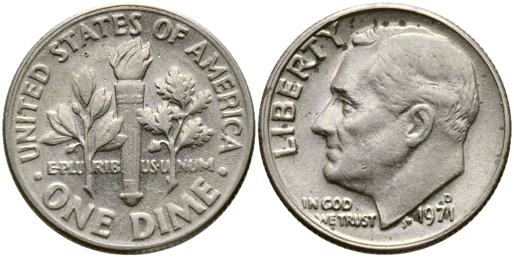 США 10 ЦЕНТОВ = 1 ДАЙМ 1971 D, РУЗВЕЛЬТ KM 195а медь плакированная медно-никелем 51-5061