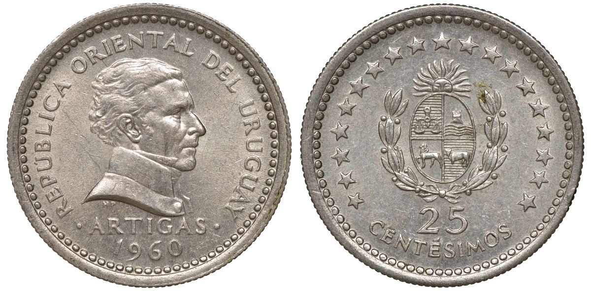 Уругвай 25 сентесимо 1960 KM 40 медно-никель 4169-857