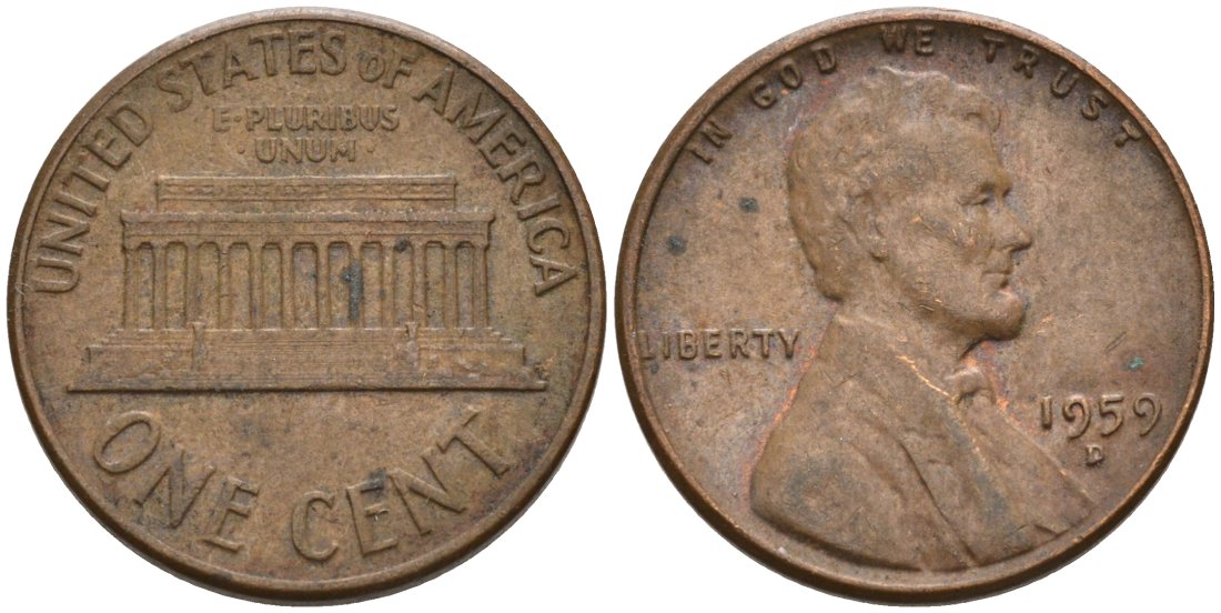 США 1 цент 1959 D, Авраам Линкольн KM 201 медь цинк 4564-328