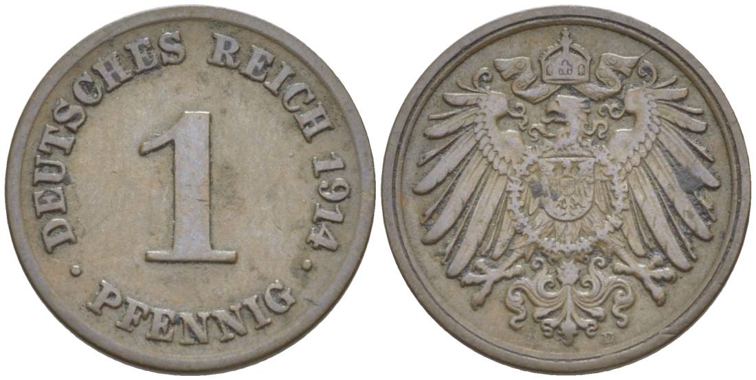 ГЕРМАНИЯ 1 ПФЕННИГ 1914 D KM 10, Jager. 10, Weege 2 медь 4528-717