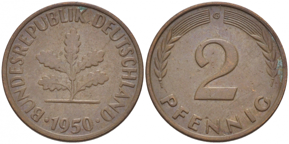 ФРГ 2 ПФЕННИГА 1950 G KM 106, J. 381 бронза 112-931