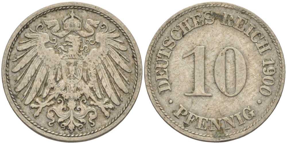 ГЕРМАНИЯ 10 ПФЕННИГОВ 1900 D KM 12, J. 13 медно-никель 4401-1213