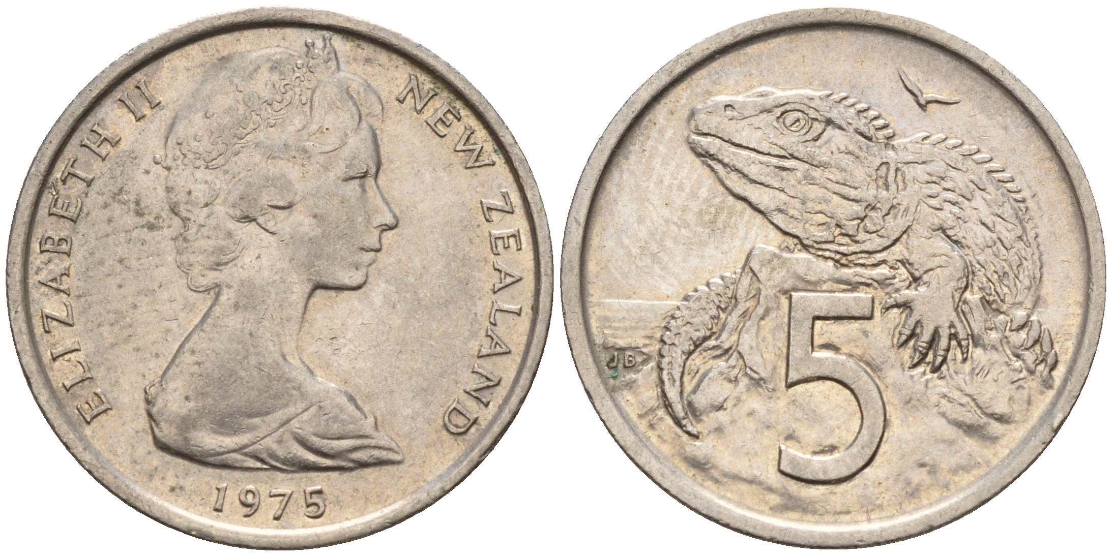 Новая Зеландия 5 центов 1975 Елизавета II (1952-2022), ящерица гаттерия KM 34.1 медно-никель 4602-663