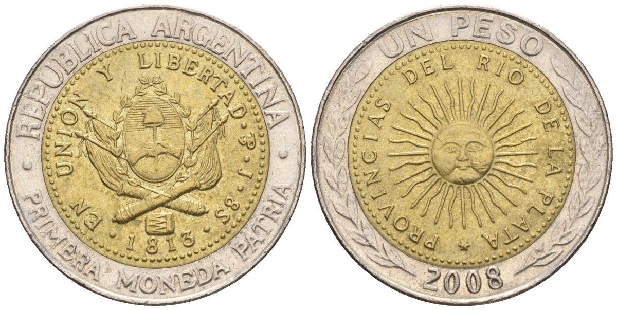Аргентина 1 песо 2008 майское солнце, 8 эскудо 1813 KM 112.1, CJ 6.15, Schon 113  биметалл    60-615