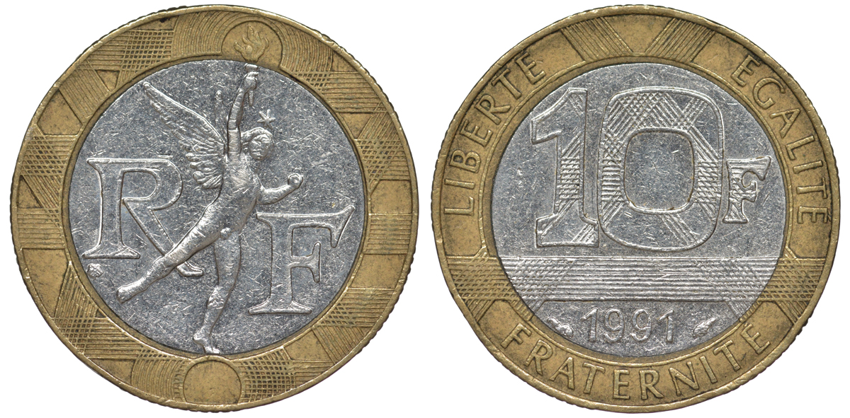 Франция 10 франков 1991 тип гений Бастилии KM 964.1, Le Frank 375.6 биметалл 45-834