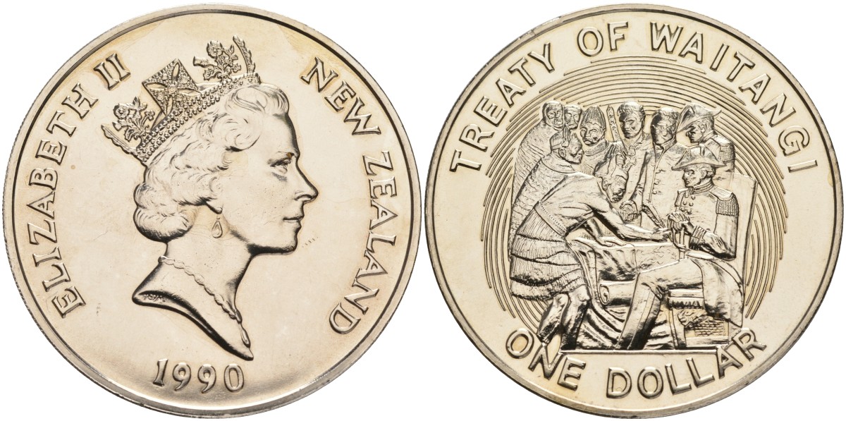 Новая Зеландия 1 доллар 1990 годовщина заключения Вайтангского договора, Елизавета II (1952-2022) KM 76 медно-никель UNC 73-821