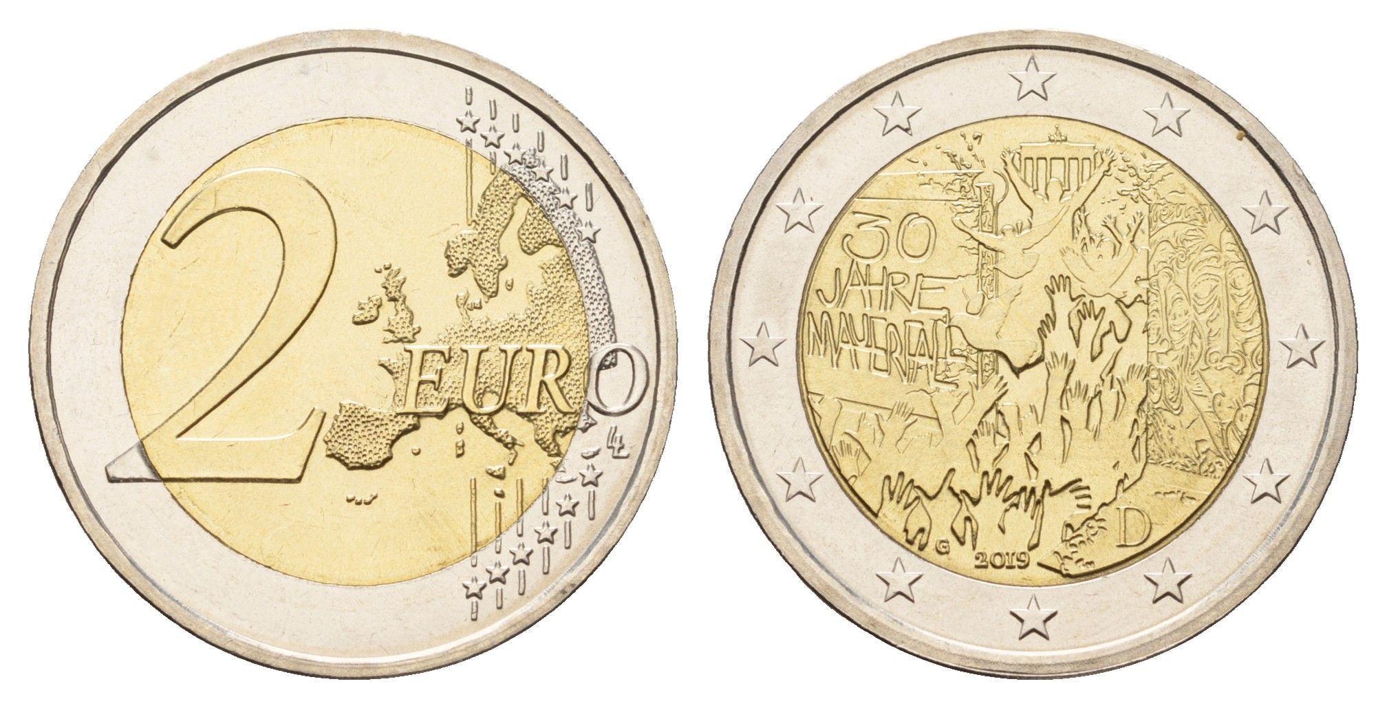 Германия 2 евро 2019 J, 30 лет падению Берлинской стены KM 429 биметалл UNC 71-1126