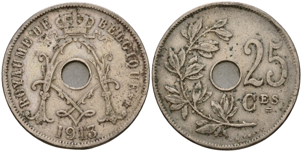 Бельгия 25 сантимов 1913 Belgique KM 68 медно-никель 27-645