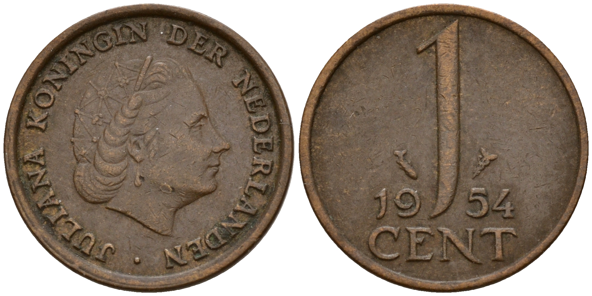 Нидерланды 1 цент 1954 Юлиана (1949-1980) KM 180 бронза    4598-157