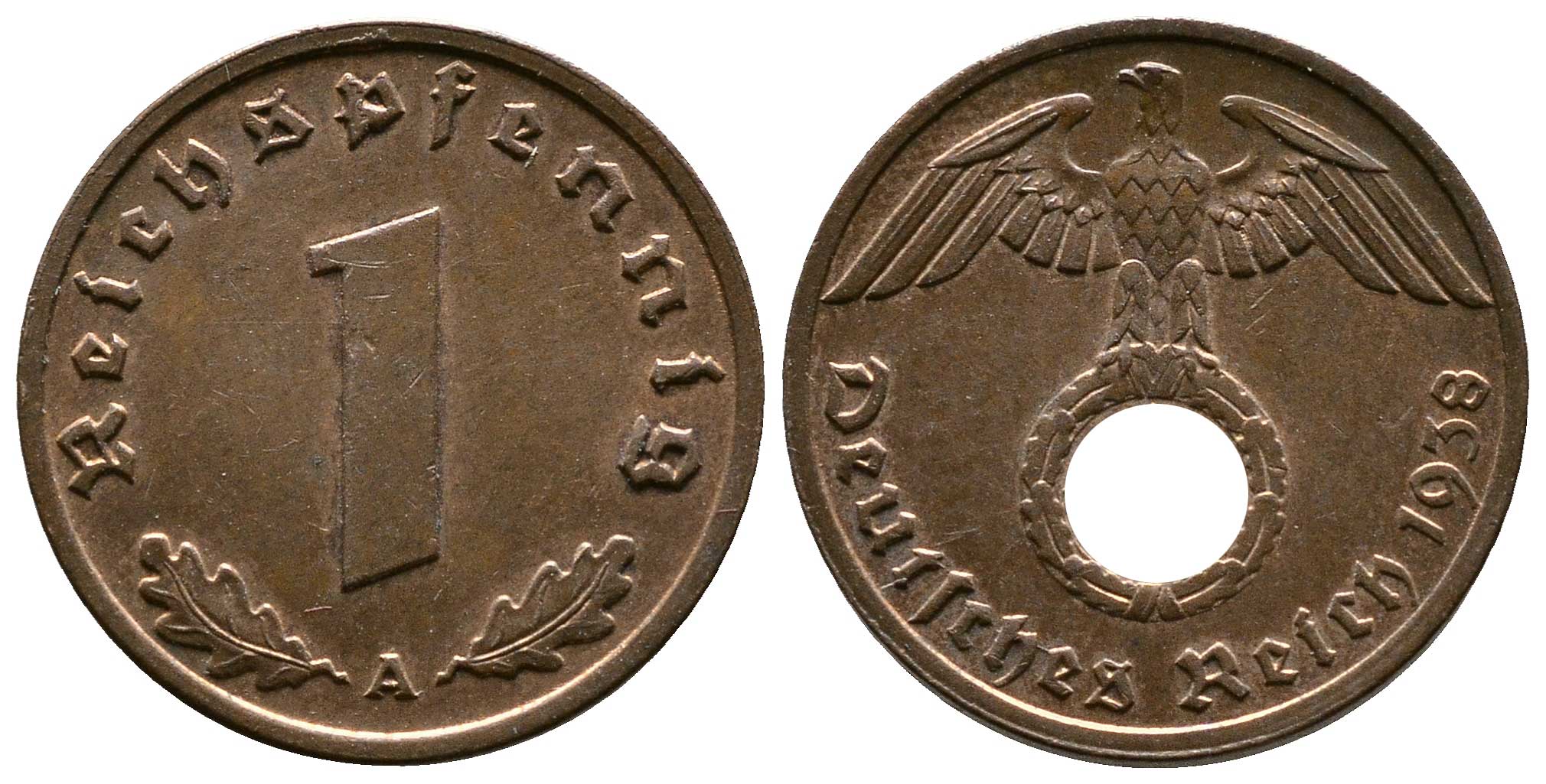 Германия 1 рейхспфенниг 1938 A KM 89, J. 361 бронза    220-255