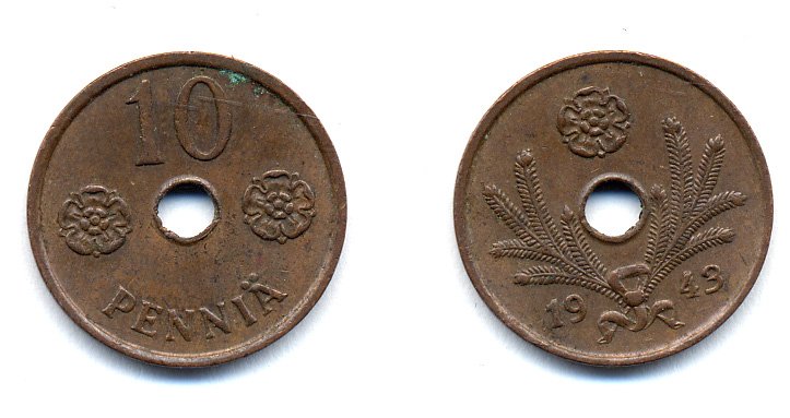 ФИНЛЯНДИЯ 10 ПЕННИ 1943 KM 33.1 медь 51-5026