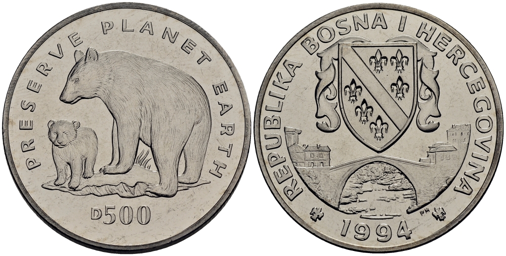Босния и Герцеговина 500 динаров 1994 серия сохраним планету, медведь и медвежонок KM 24 медно-никель UNC M90-01
