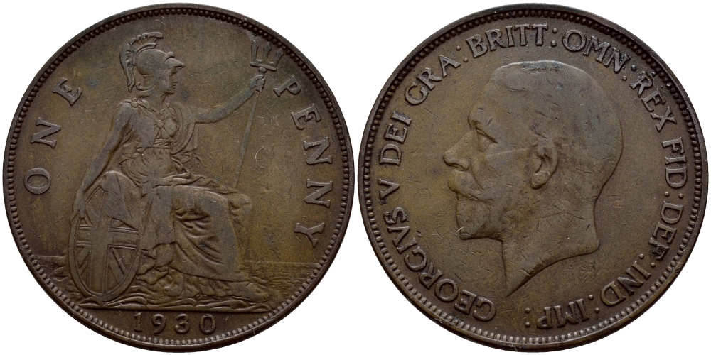 Великобритания 1 пенни 1930 Георг V (1910-1936) КМ 838, Spink 4055 бронза 4383-743