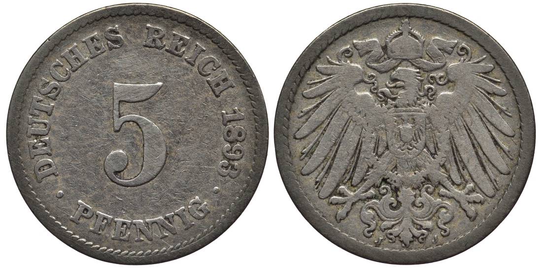 Германия 5 пфеннигов 1893 J KM 11, Jager 12, Weege 6 медно-никель 4547-337