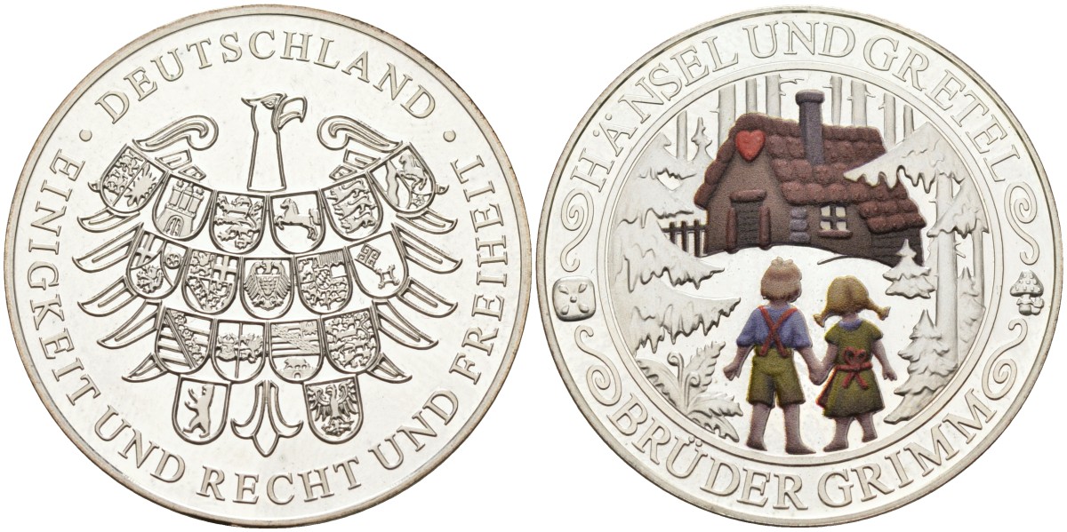ФРГ медаль ND сказки Братьев Гримм, Генцель и Гретель, диаметр 30 мм, цветная эмаль серебро PROOF 00-00-00
