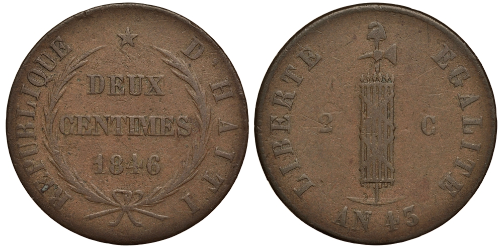 Гаити 2 сантима 1846 26 мм. KM 26 медь 272-645