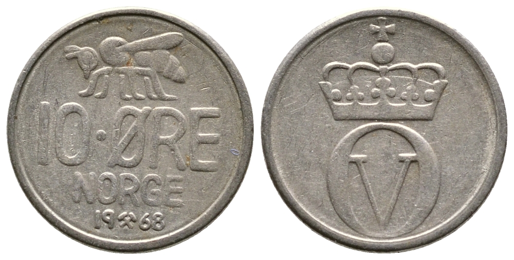 Норвегия 10 эре 1968 пчела, Улаф V (1958-1991) KM 411 медно-никель 220-463