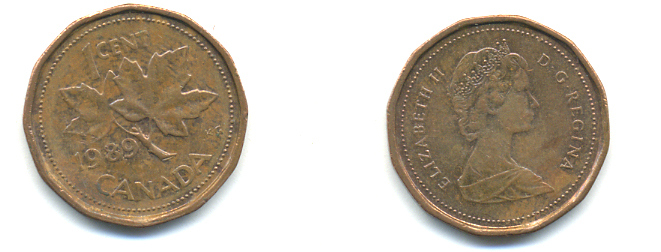 Канада 1 цент 1989 Елизавета II (1952-2022), кленовый лист KM 132 бронза 177-1425