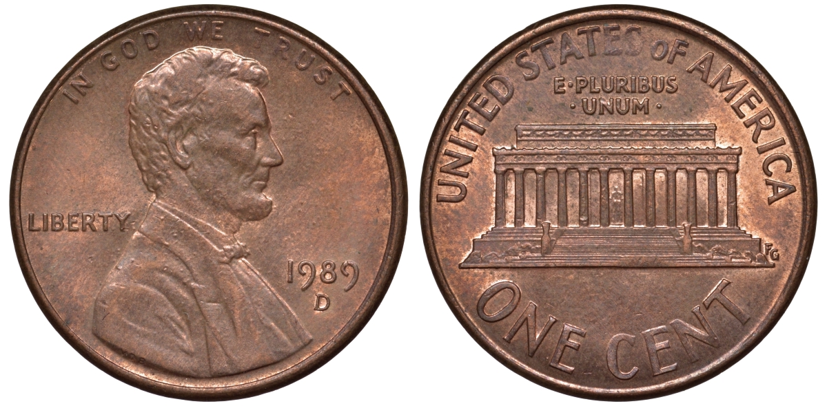 США 1 цент 1989 D, Линкольн KM 201b цинк плакированный медью 4547-522