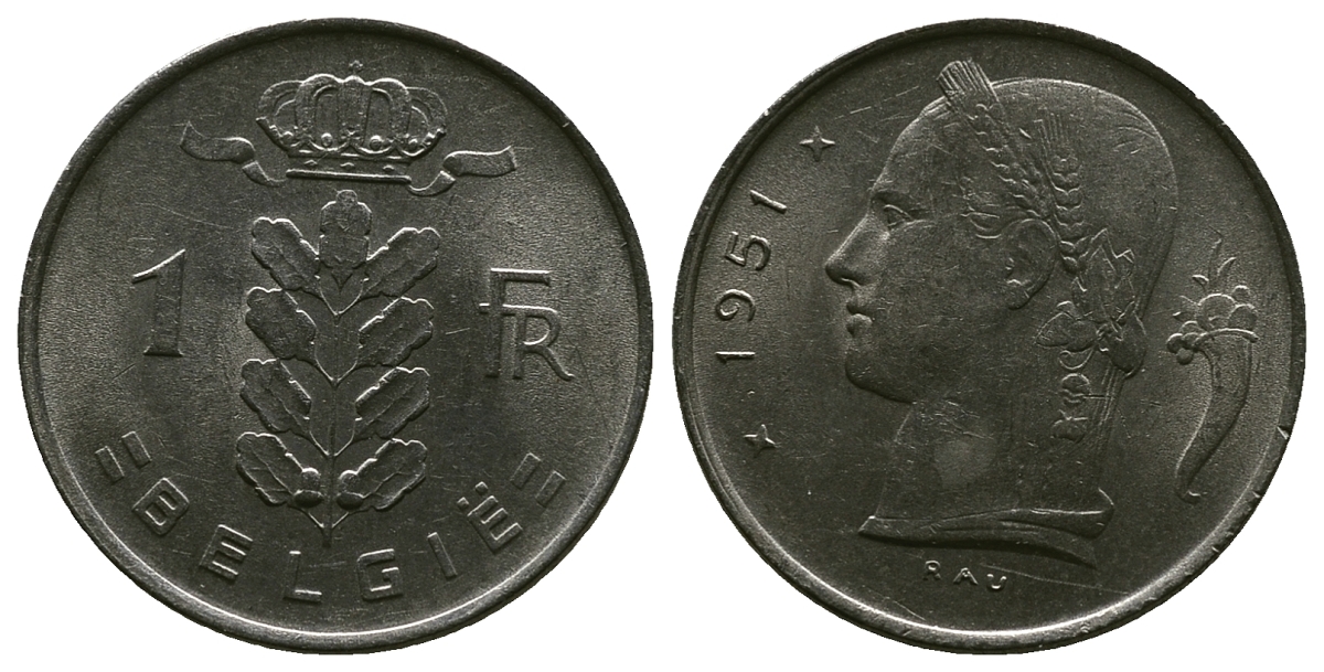 БЕЛЬГИЯ 1 ФРАНК 1951 BELGIE KM 143.1 медно-никель 4384-732