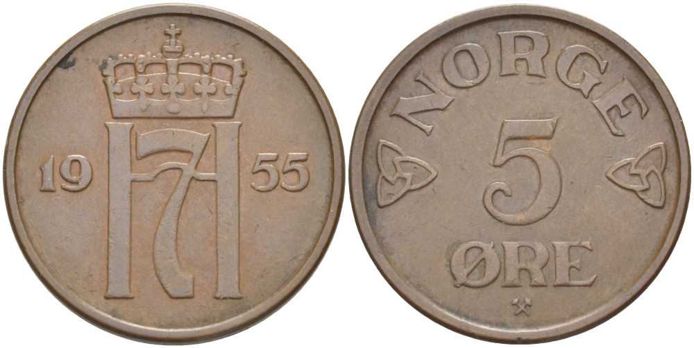 НОРВЕГИЯ 5 ЭРЕ 1955 ХАКОН VII (1905-1957) KM 400 бронза 215-131