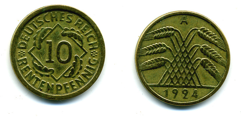 ГЕРМАНИЯ 10 РЕНТЕНПФЕННИГОВ 1924 A KM 33, J. 309, Weege 8 алюминиевая бронза 4385-543