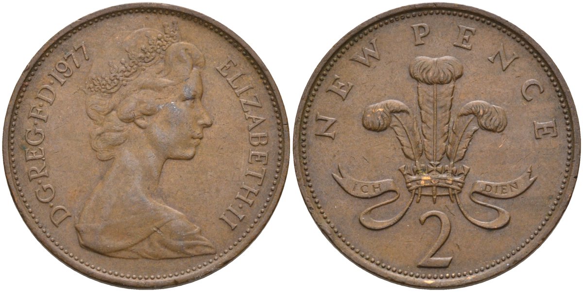 Великобритания 2 пенса 1977 Елизавета II (1952-2022) KM 916, Spink 4235 (C1) бронза 4587-913