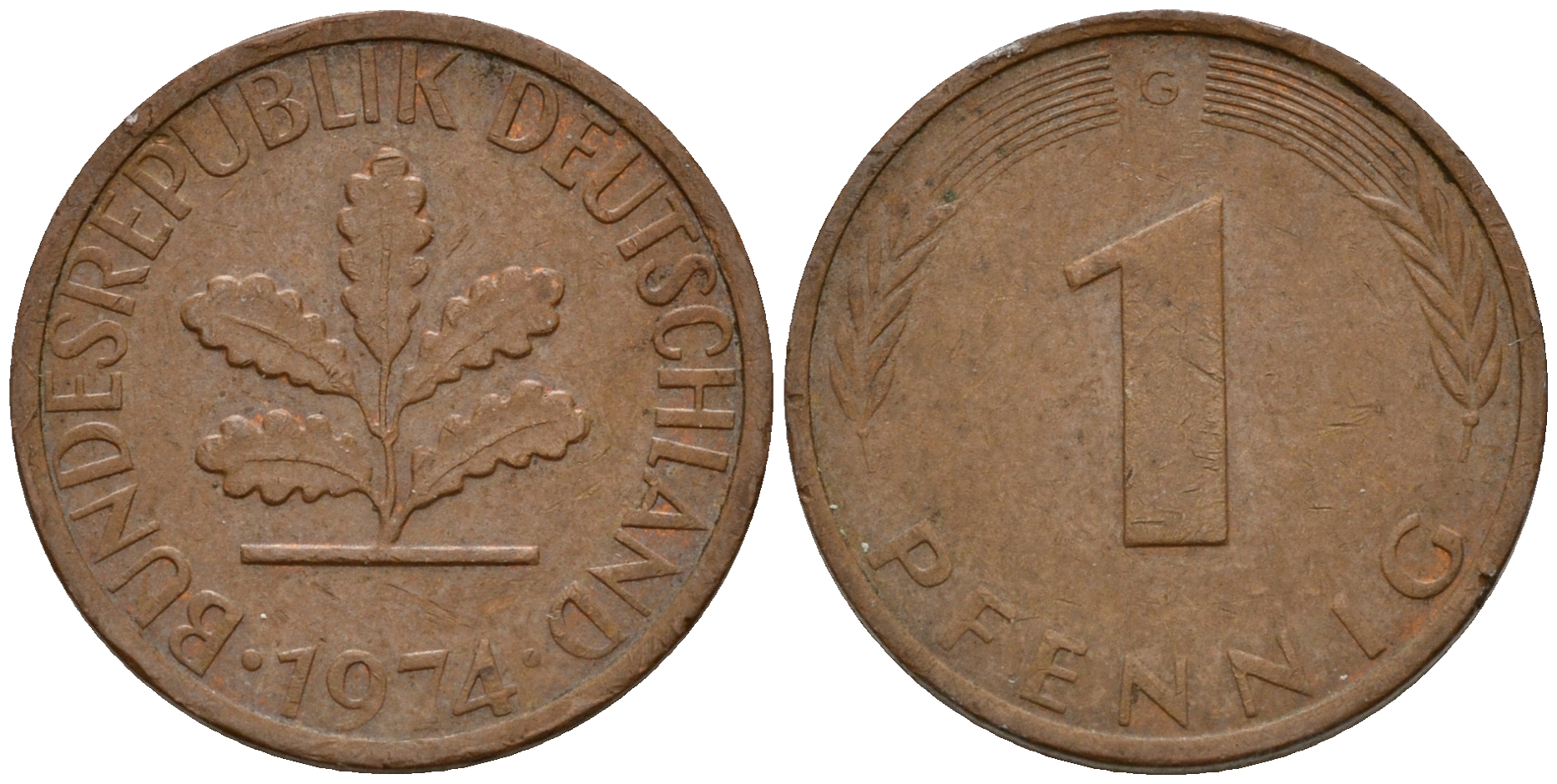 ФРГ 1 пфенниг 1974 G KM 105, J. 380 сталь плакированная медью    4598-544