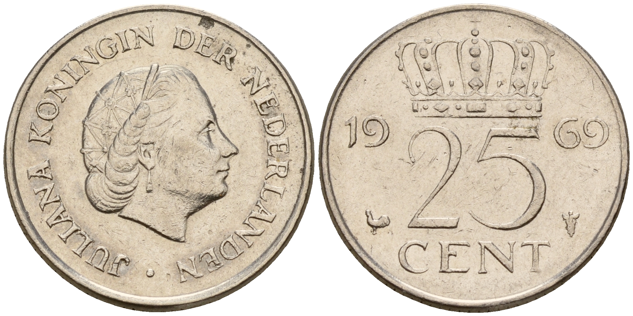 Нидерланды 25 центов 1969 Юлиана (1949-1980) HAAN KM 183 никель    4598-435