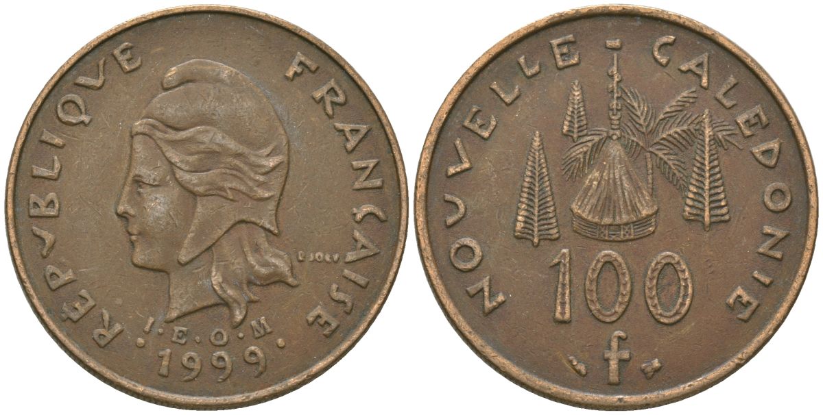 Французская Новая Каледония 100 франков 1999 хижина среди сосен и пальм, (IEOM) KM 15, Schoen 16, Lec 139c никель бронза 88-1242