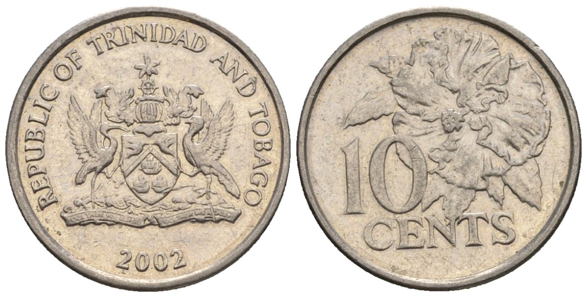 Тринидад и Тобаго 10 центов 2002 цветок гибискуса KM 31, Schoen 30 медно-никель 4124-352